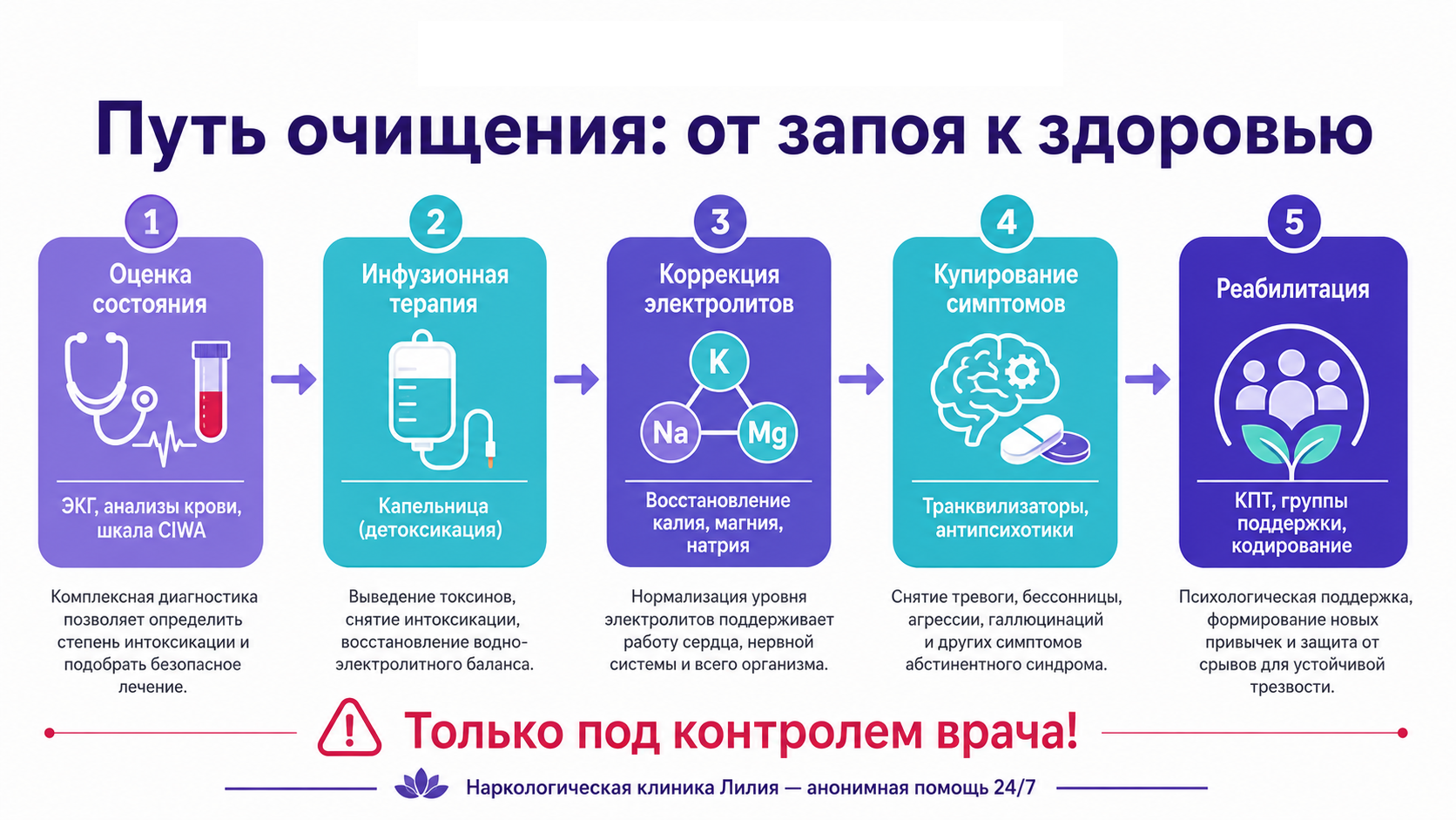 инфографика о пошаговом алгоритме очищения организма от алкоголя